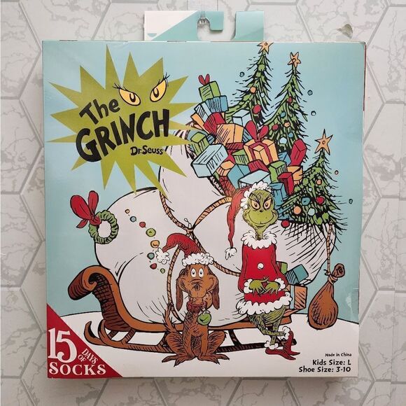 Kids' The Grinch 15 Days of Socks Advent Calendar - Large, Shoe 3-10 - Picture 3 of 7